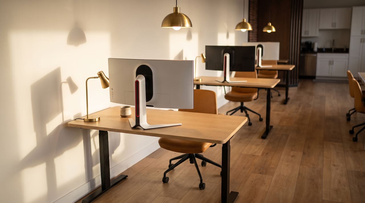 A focus station in morning sun: light oak standing desk, one 34-inch curved ultrawide monitor, a coffee cup and a small brass lamp.