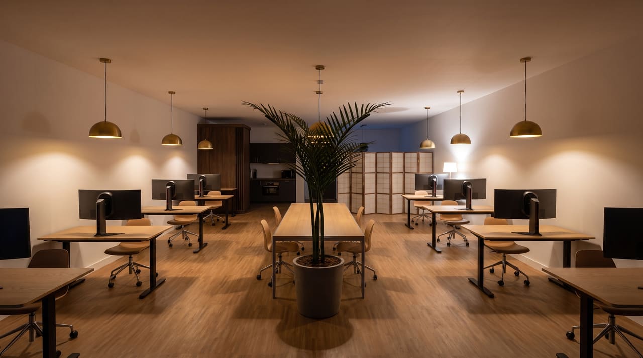 The floor in the late evening: brass pendants glowing warm over oak desks and cognac chairs, dusk blue in the window.